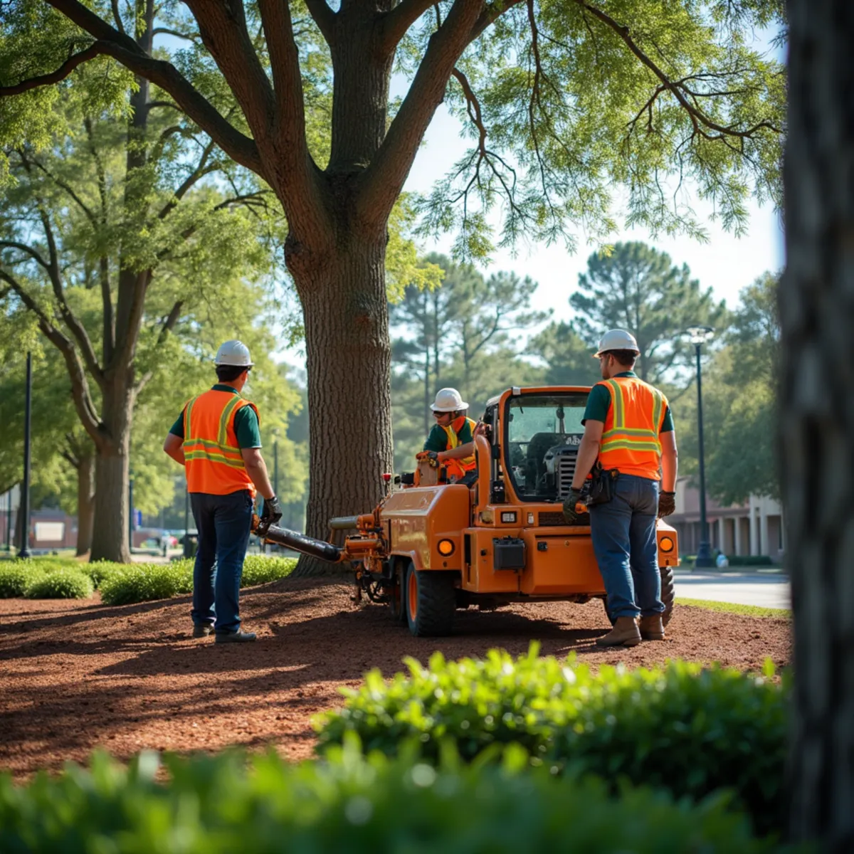 Landscaped trees in a commercial office park parking lot in Charlotte, North Carolina