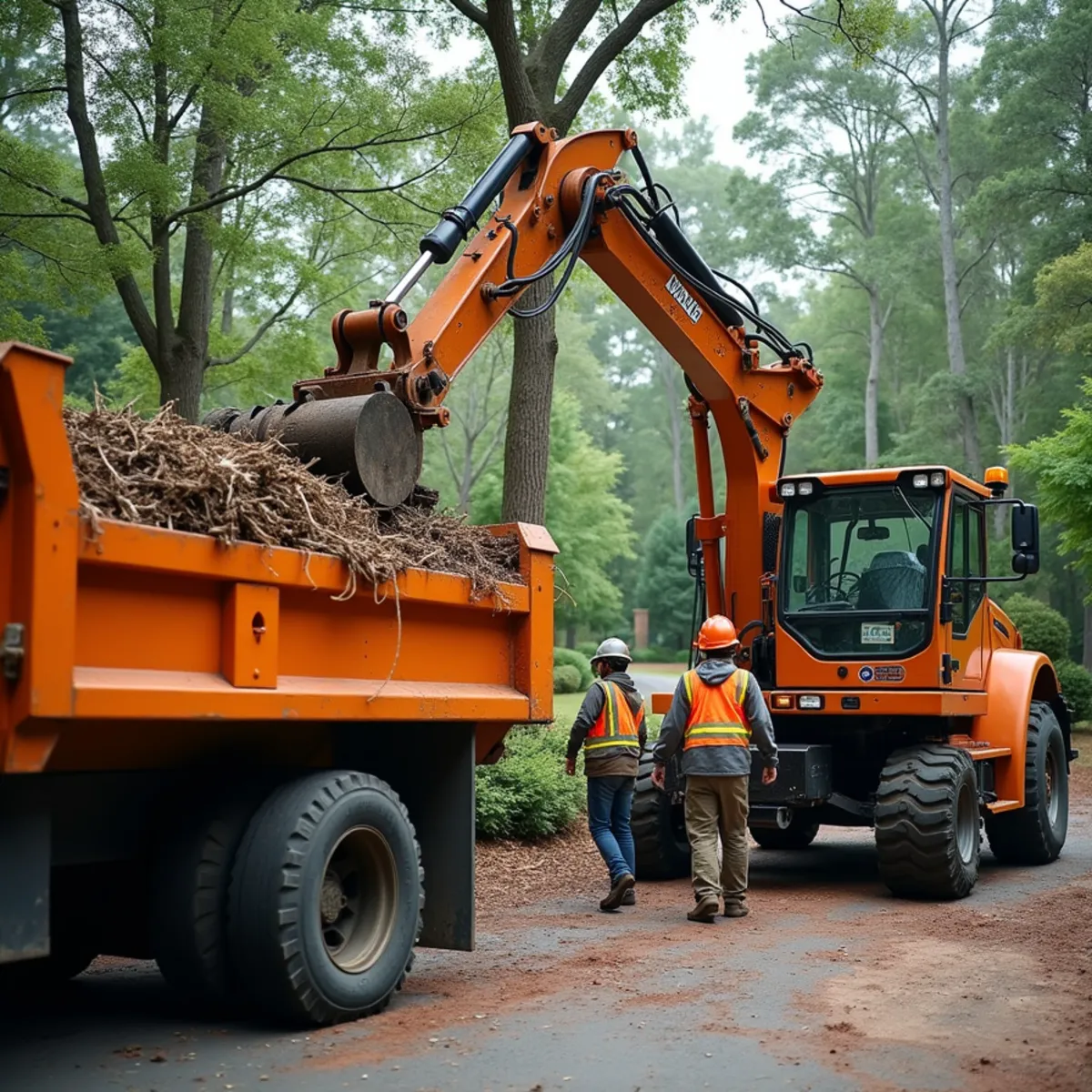 Grapple truck loading brush next to a roll-off dumpster on a Pineville, North Carolina property