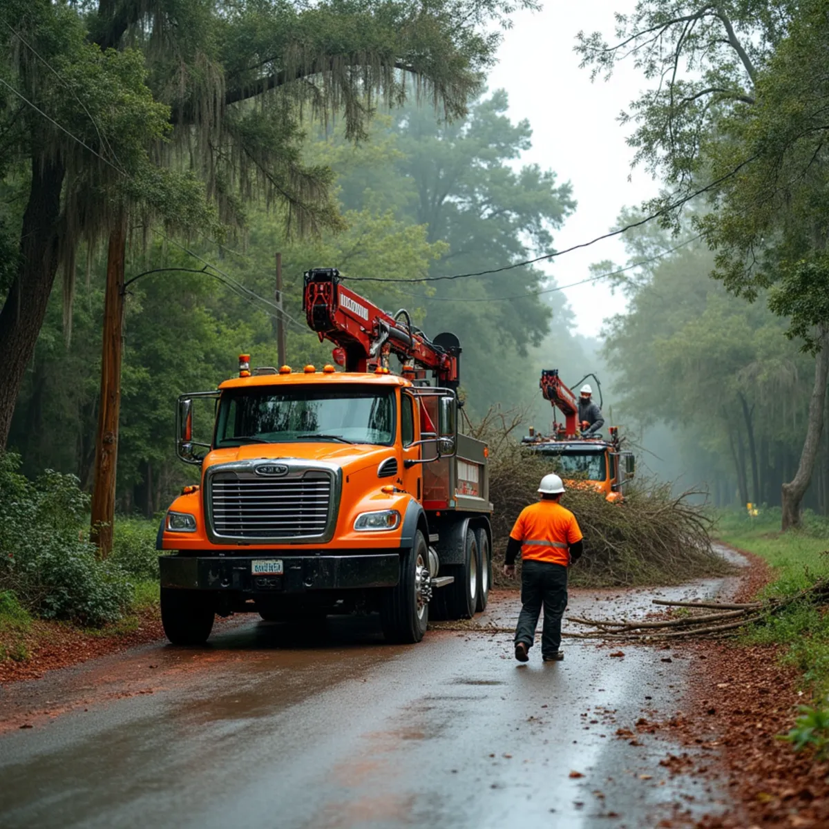 Hydraulic grapple truck lifting a pile of broken oak limbs from a Mecklenburg County yard after a Piedmont storm