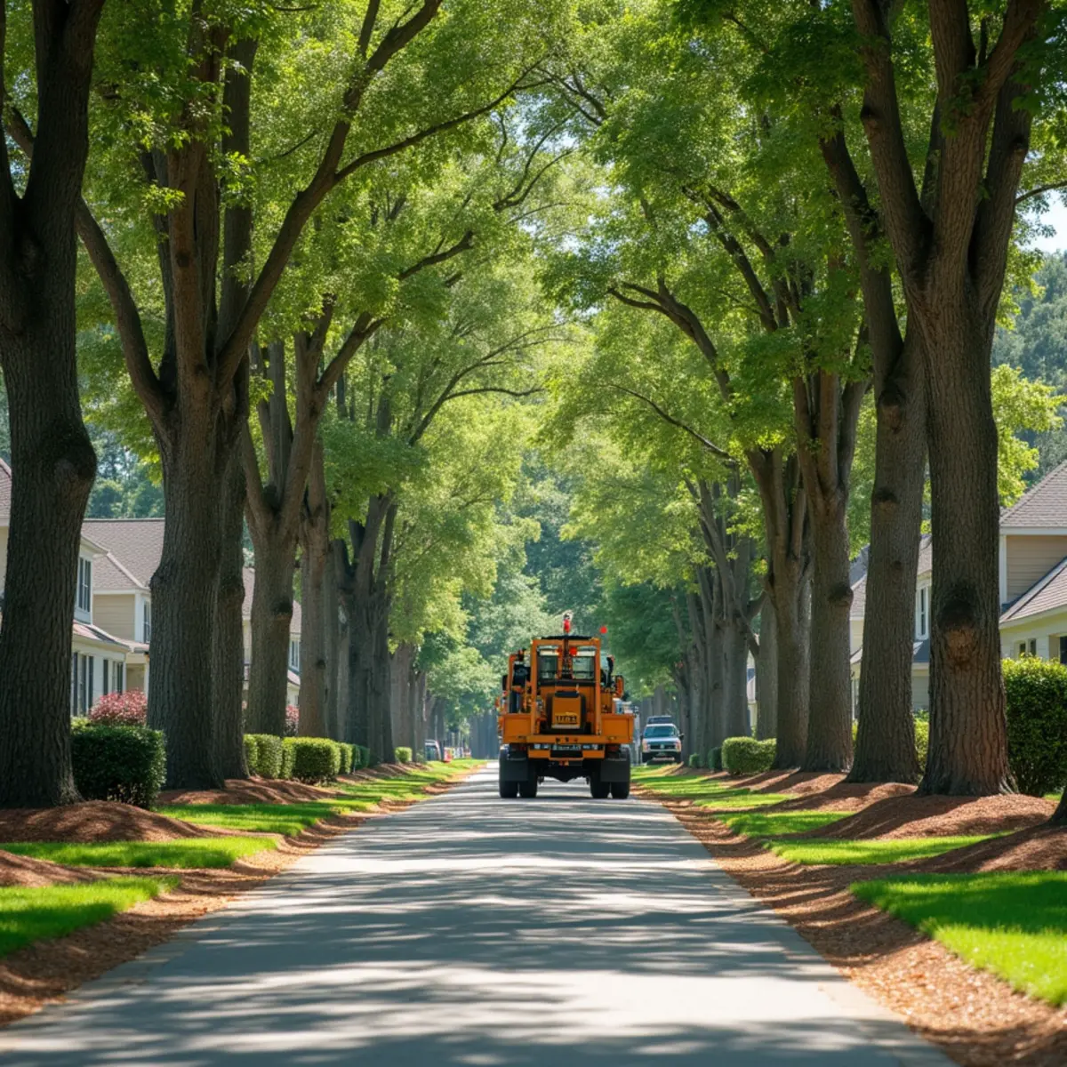 Tree-lined common area and entrance of a residential HOA community in Huntersville, North Carolina