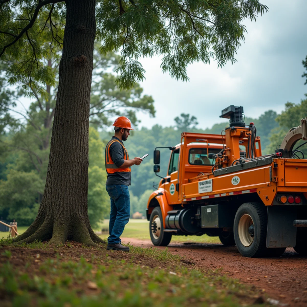Homeowner inspecting a large backyard tree before hurricane season in Charlotte, North Carolina