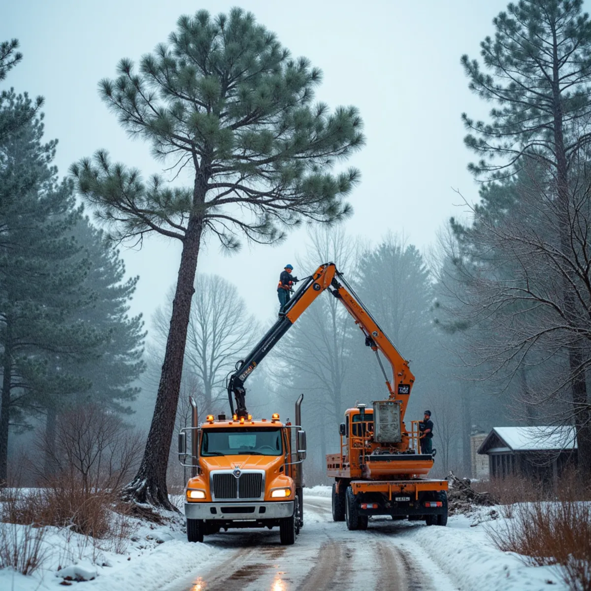 Ice-coated pine trees bent and snapped over a home after a Piedmont ice storm in Mooresville, North Carolina