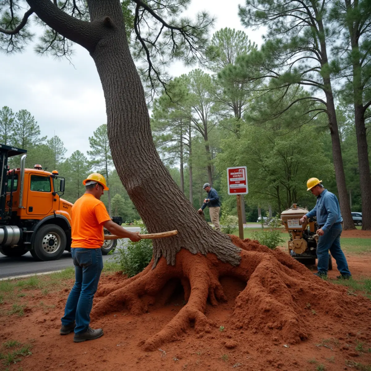 Leaning oak with soil heaving and root plate lifting from wet red clay soil in Matthews, North Carolina