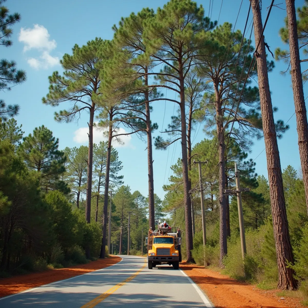 Tall loblolly pines growing directly beneath power lines along a road in Monroe, North Carolina
