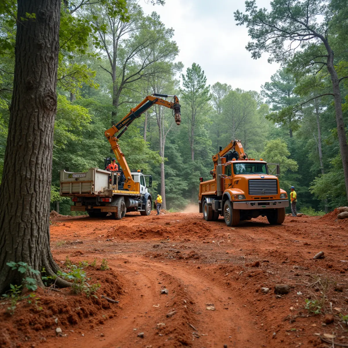 Partially cleared wooded building lot with marked tree-save area in Weddington, Union County North Carolina