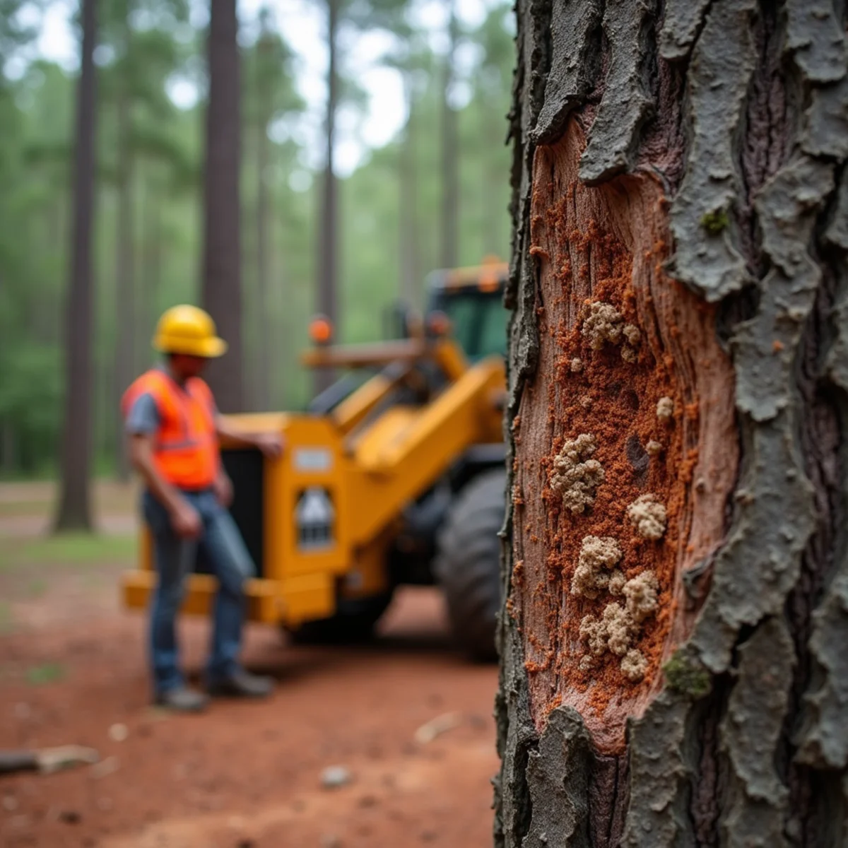 Loblolly pines showing fading red-brown crowns from southern pine beetle attack in Mint Hill, North Carolina