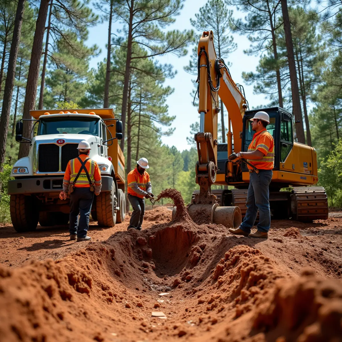 Stump grinder reducing a hardwood stump to mulch in red clay soil in Gastonia, North Carolina