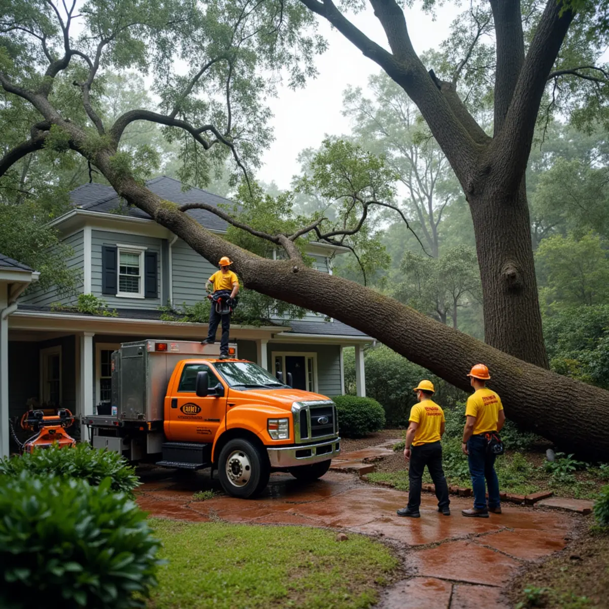 Large willow oak fallen across the roof of a brick home in Charlotte, North Carolina after a summer storm