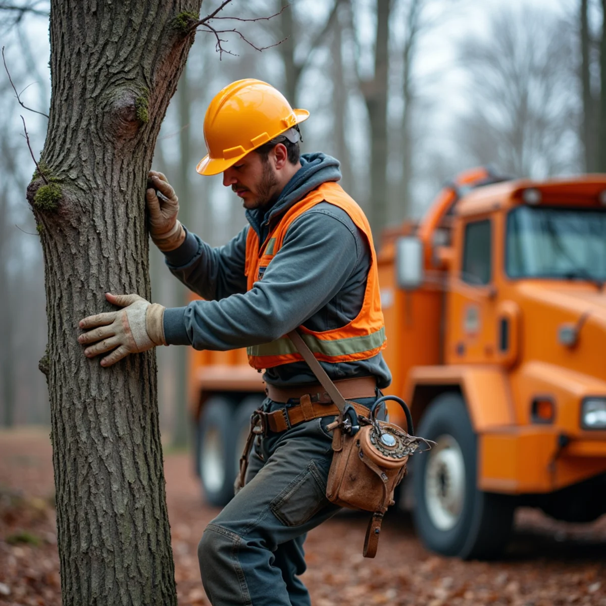 Certified climber making a clean pruning cut on a hardwood tree in Davidson, North Carolina in winter