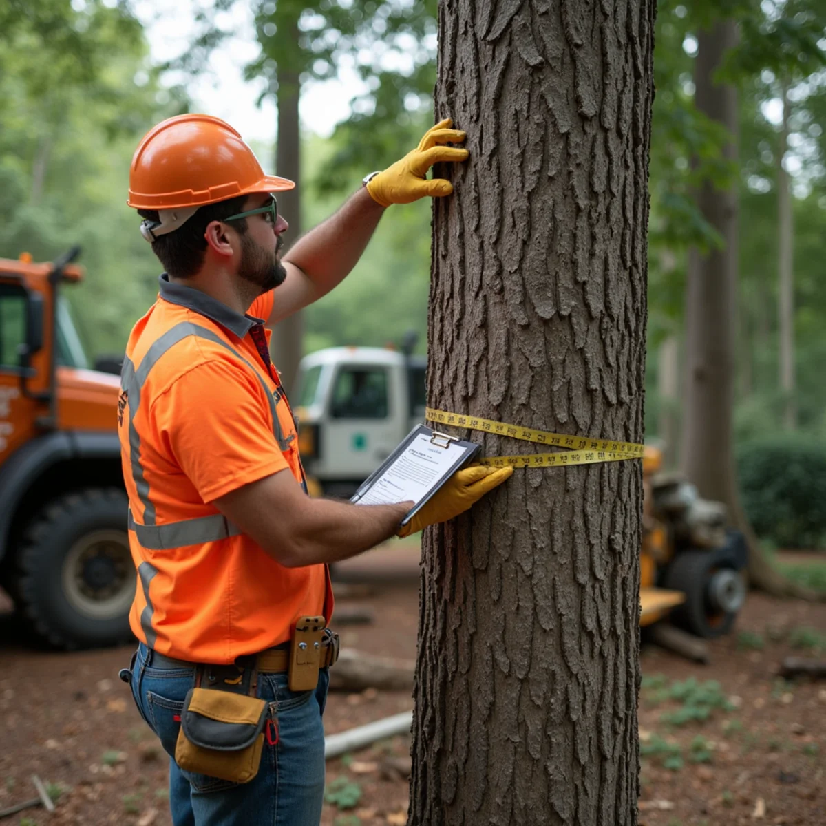 Arborist assessing a tall willow oak for removal in a Charlotte, North Carolina front yard