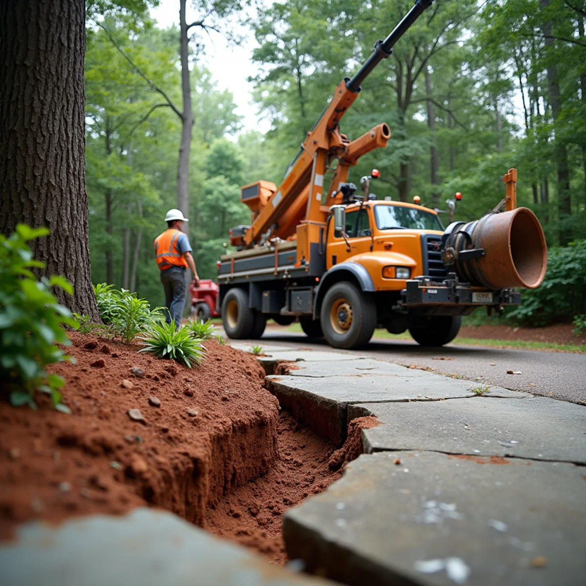 Tree roots buckling a concrete driveway near a home foundation in Waxhaw, North Carolina