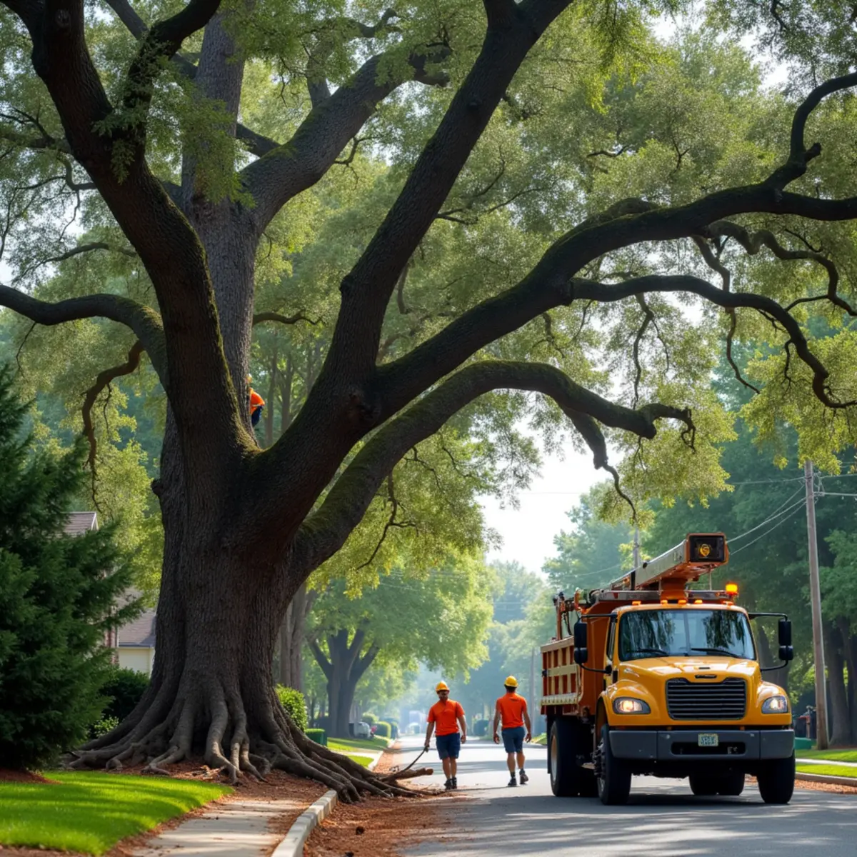 Mature willow oak canopy arching over a historic street in Myers Park, Charlotte, North Carolina