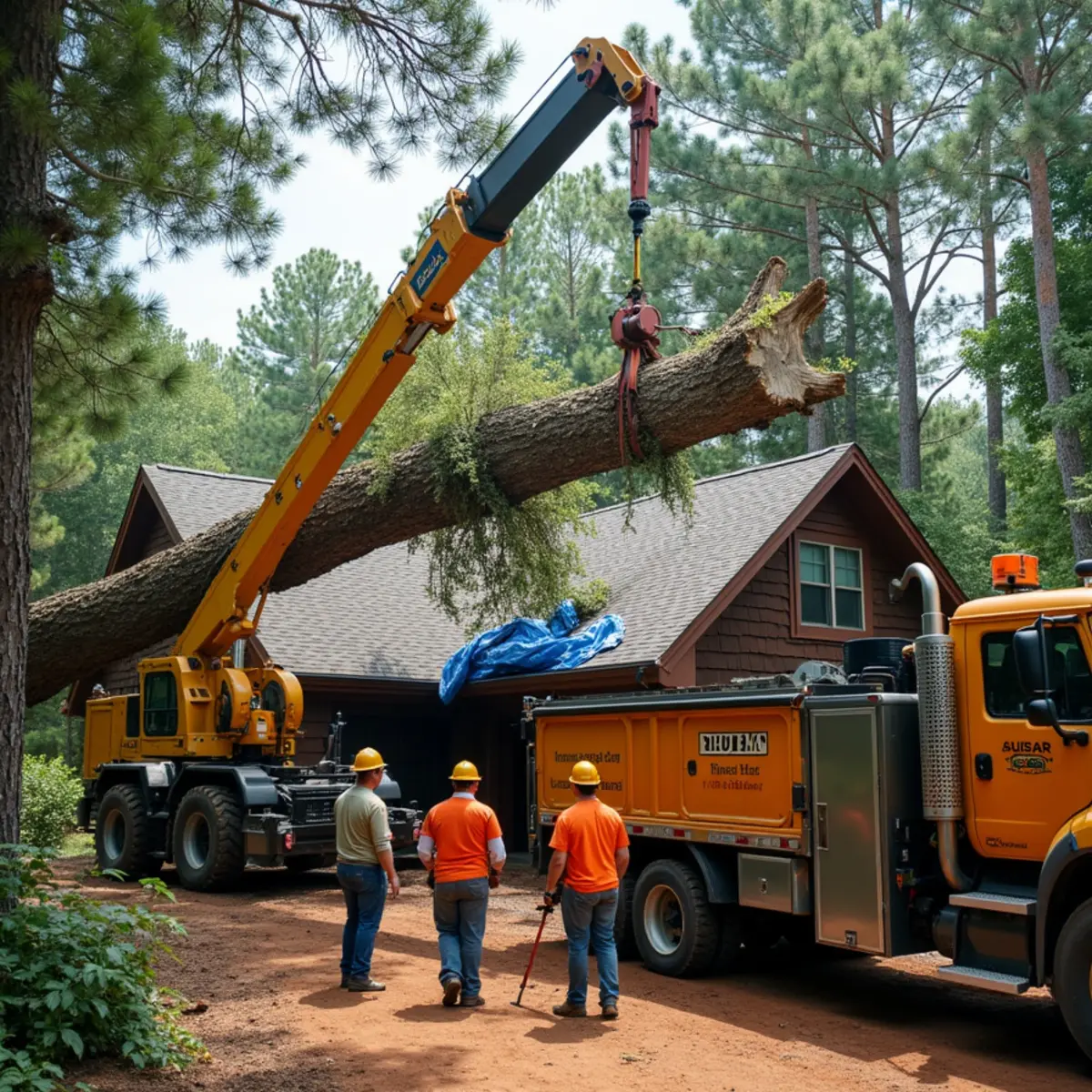 CLT Grapple & Stump crew performing fallen tree on house removal in Charlotte, NC