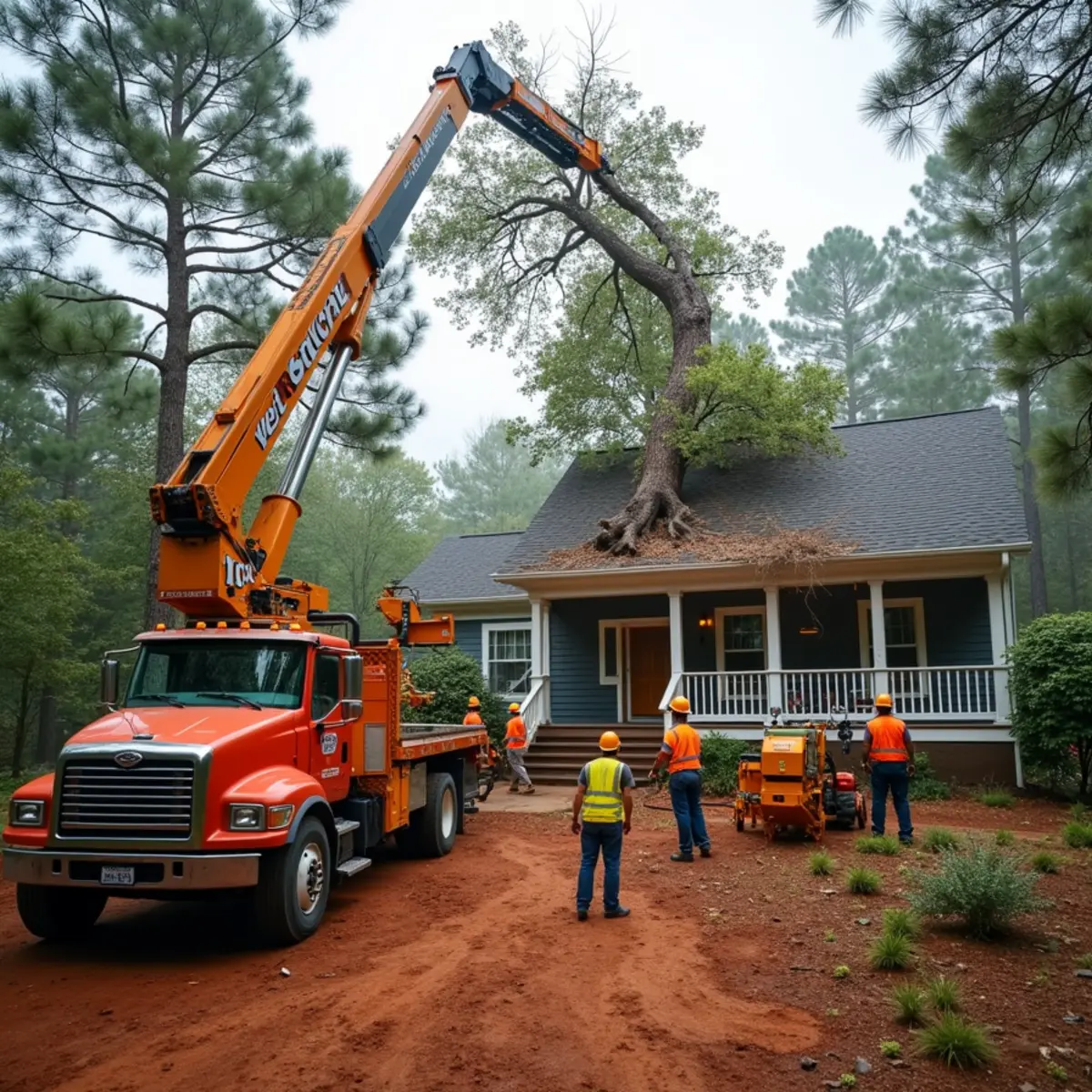 Crane lifting a fallen tree off a damaged house roof in Charlotte NC