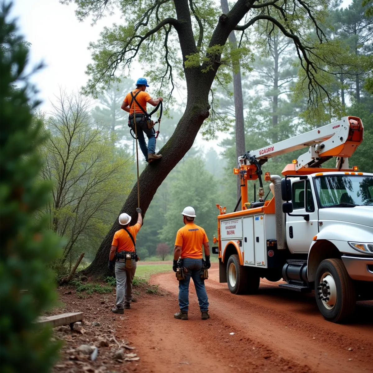Arborist removing a hanging broken limb above a Charlotte NC driveway
