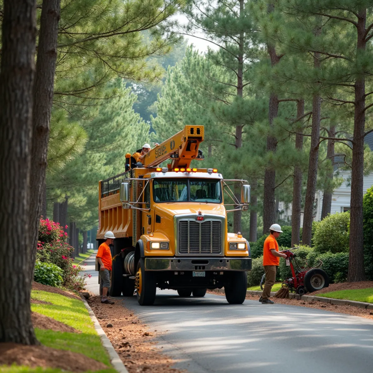 CLT Grapple & Stump crew providing tree service in a Cary, NC neighborhood