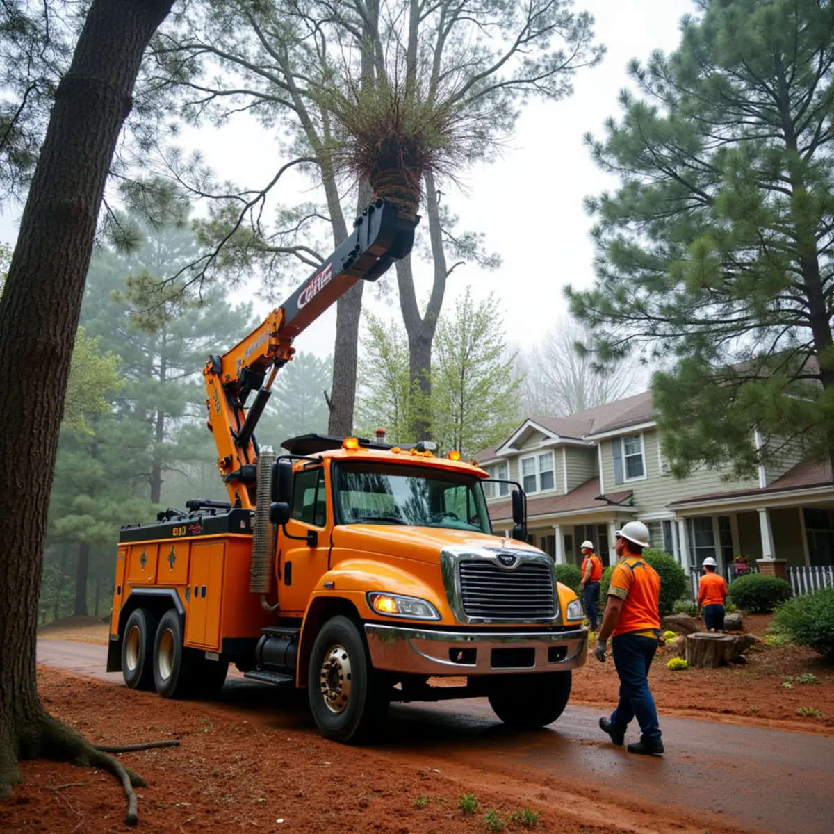 Removing a shallow-rooted pine in a dense Indian Trail, NC subdivision