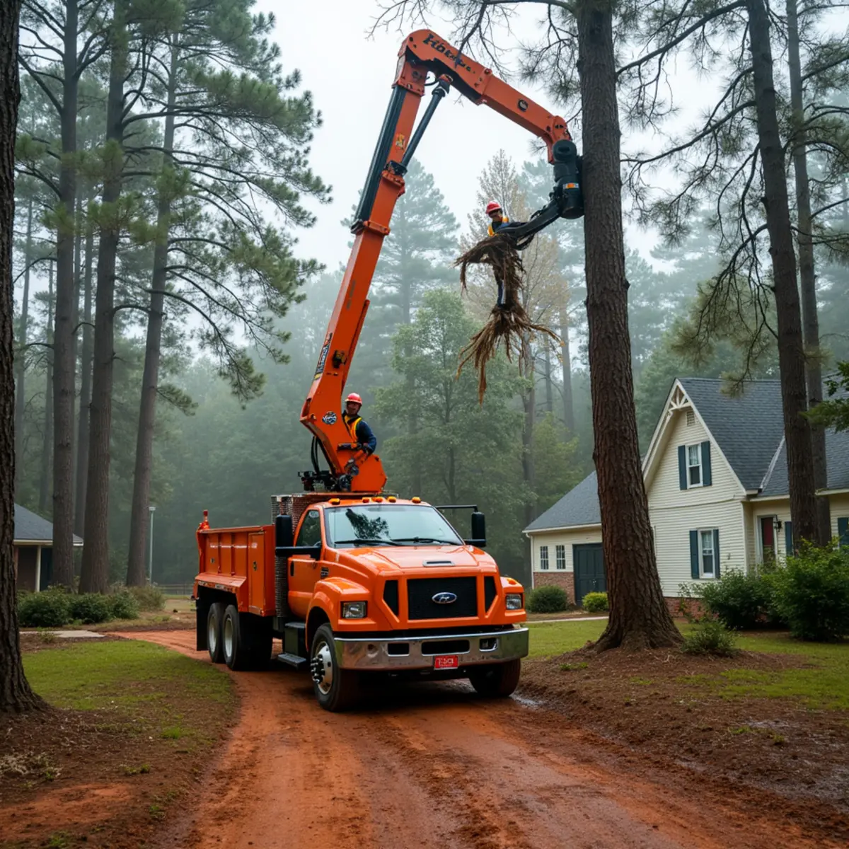Clearing a storm-damaged pine windrow on a Marshville, NC farm