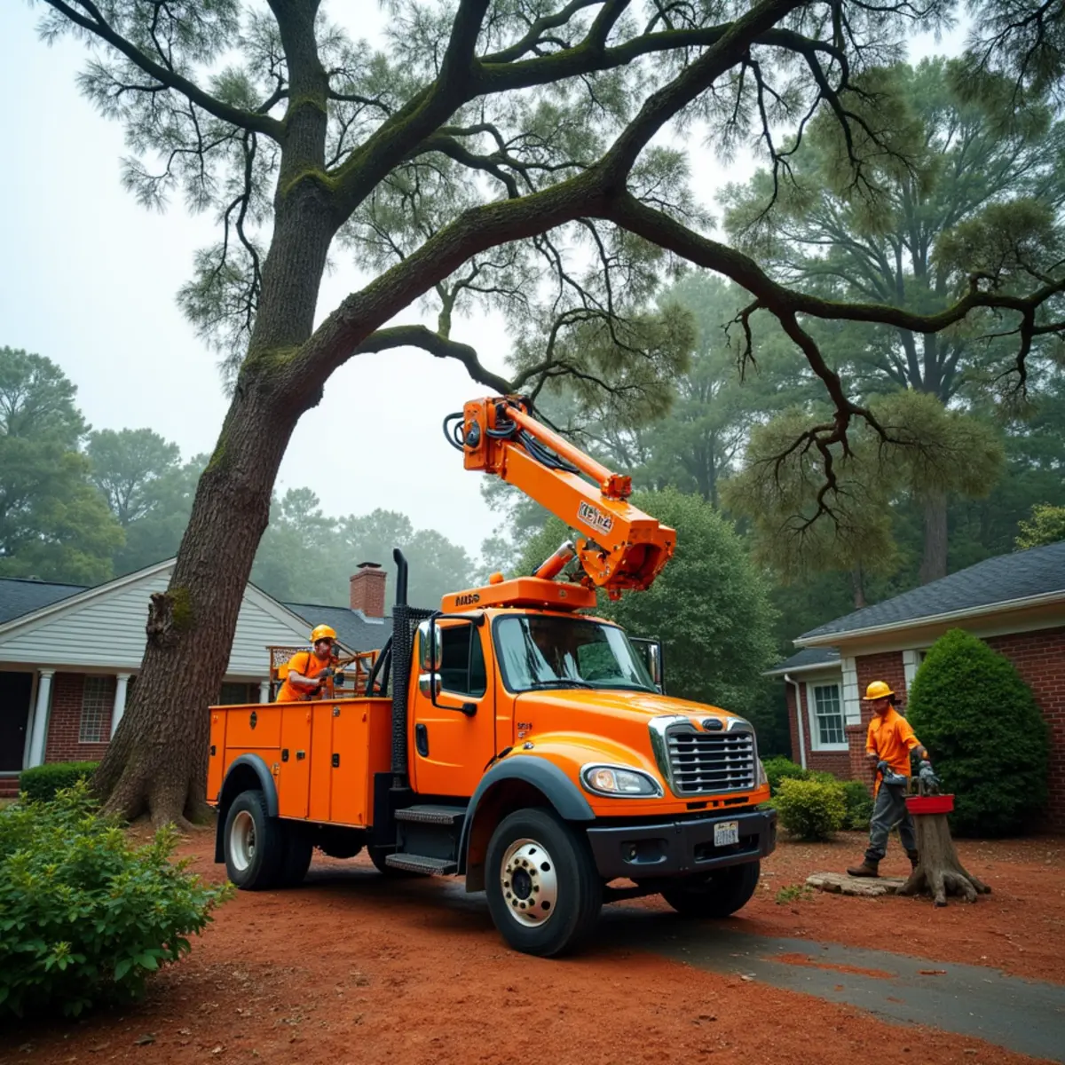 Grapple truck removing a lightning-split poplar in Mount Holly, NC
