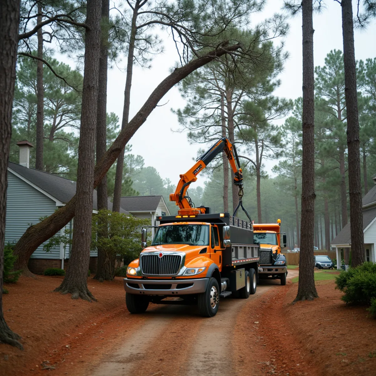 Removing tall loblolly pines in a new subdivision near Lake Norman State Park in Troutman, NC
